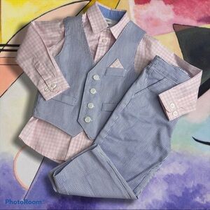 Starting Out Seersucker Blue and White Gingham Pink Shirt, 3Pc Tux Suit  24 Mo